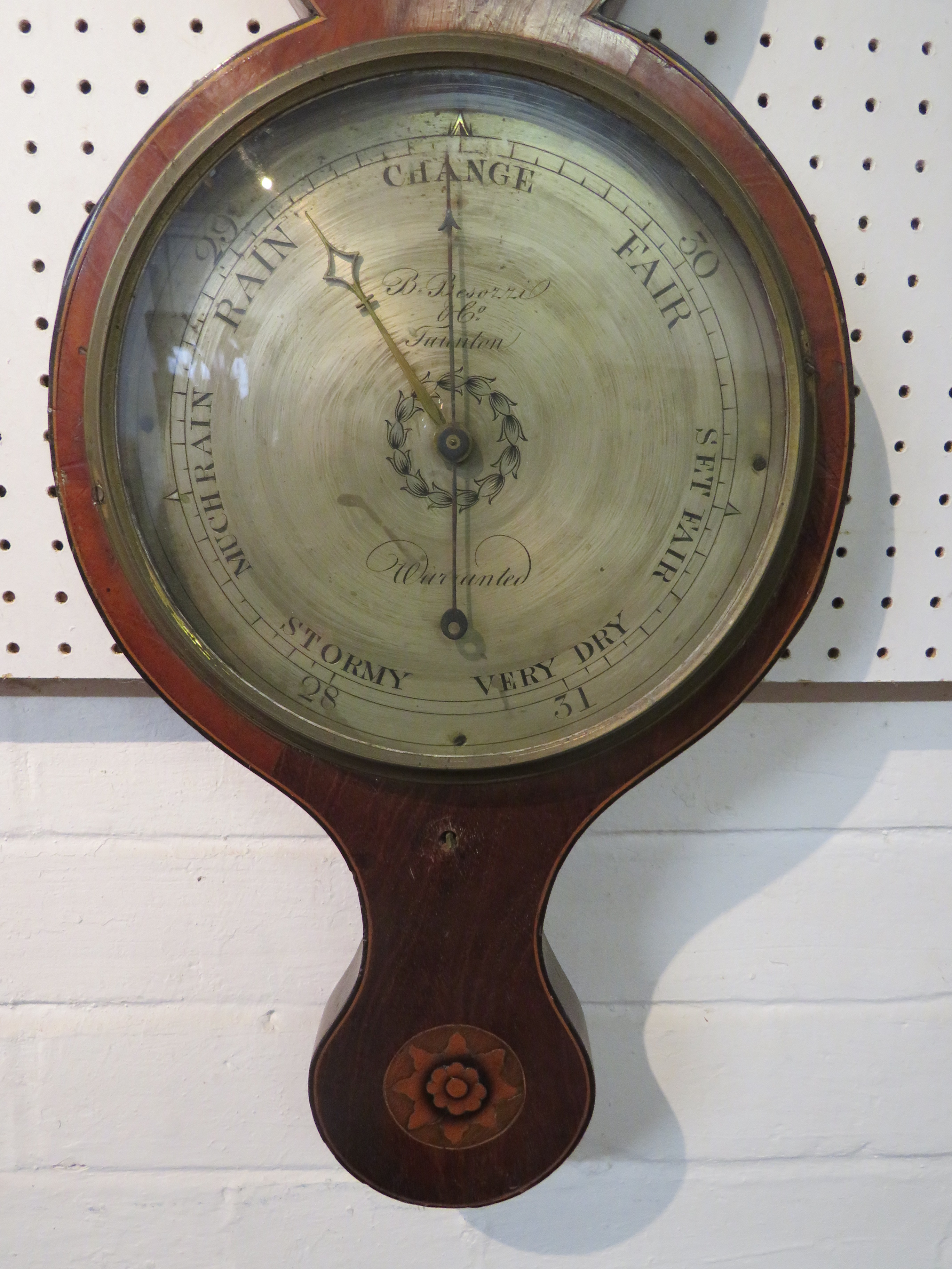 A banjo barometer with silvered dial signed B. Besorrio & Co Taunton Warranted, the thermometer - Image 2 of 4