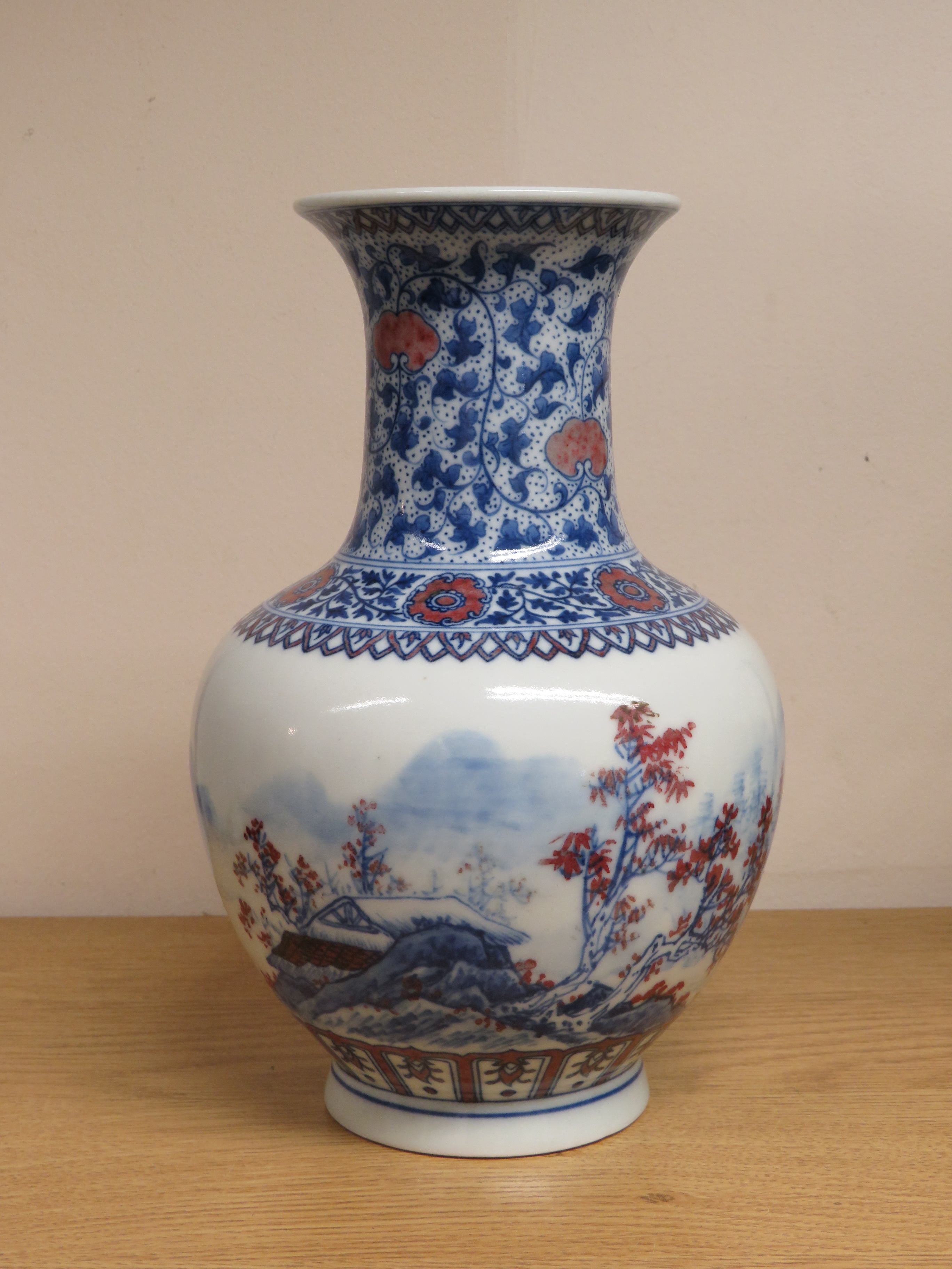 Chinese porcelain bottle vase, painted in underglaze blue and red to the body with landscape with - Image 6 of 11