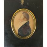 Regency painted miniature oval portrait of gentleman on paper, signed to left side perhaps R.