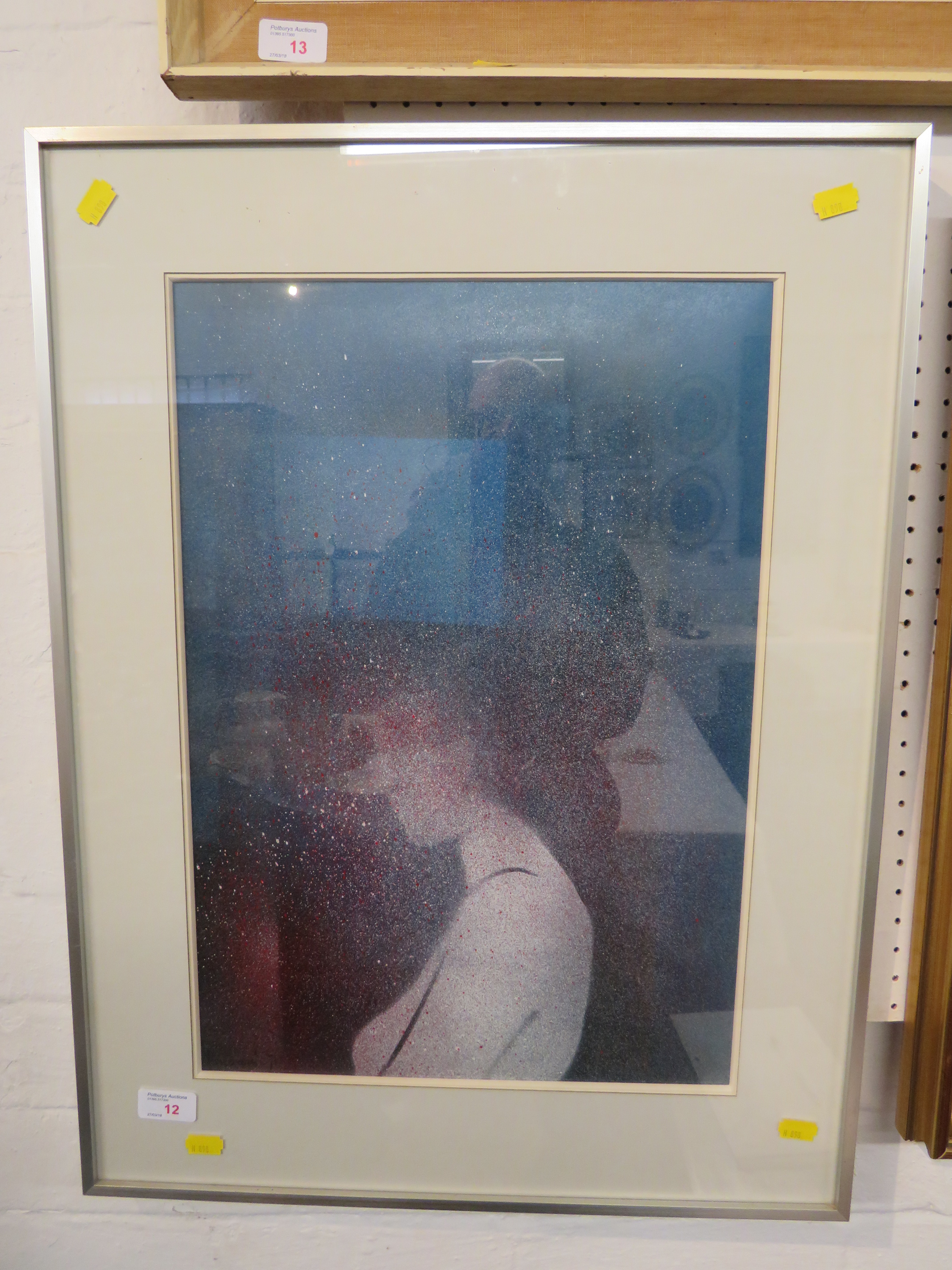Portrait of woman in profile stood before a blue window, gouache and flicked paint, signed - Image 2 of 3