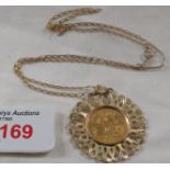 1982 half sovereign mounted as a pendant on 9ct gold chain, total weight 7.9g, in brown velvet box