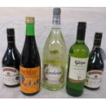 Lambrini slightly sparkling 150cl, Buckfast tonic wine, Goiya Chardonnay 2010 and two bottles of