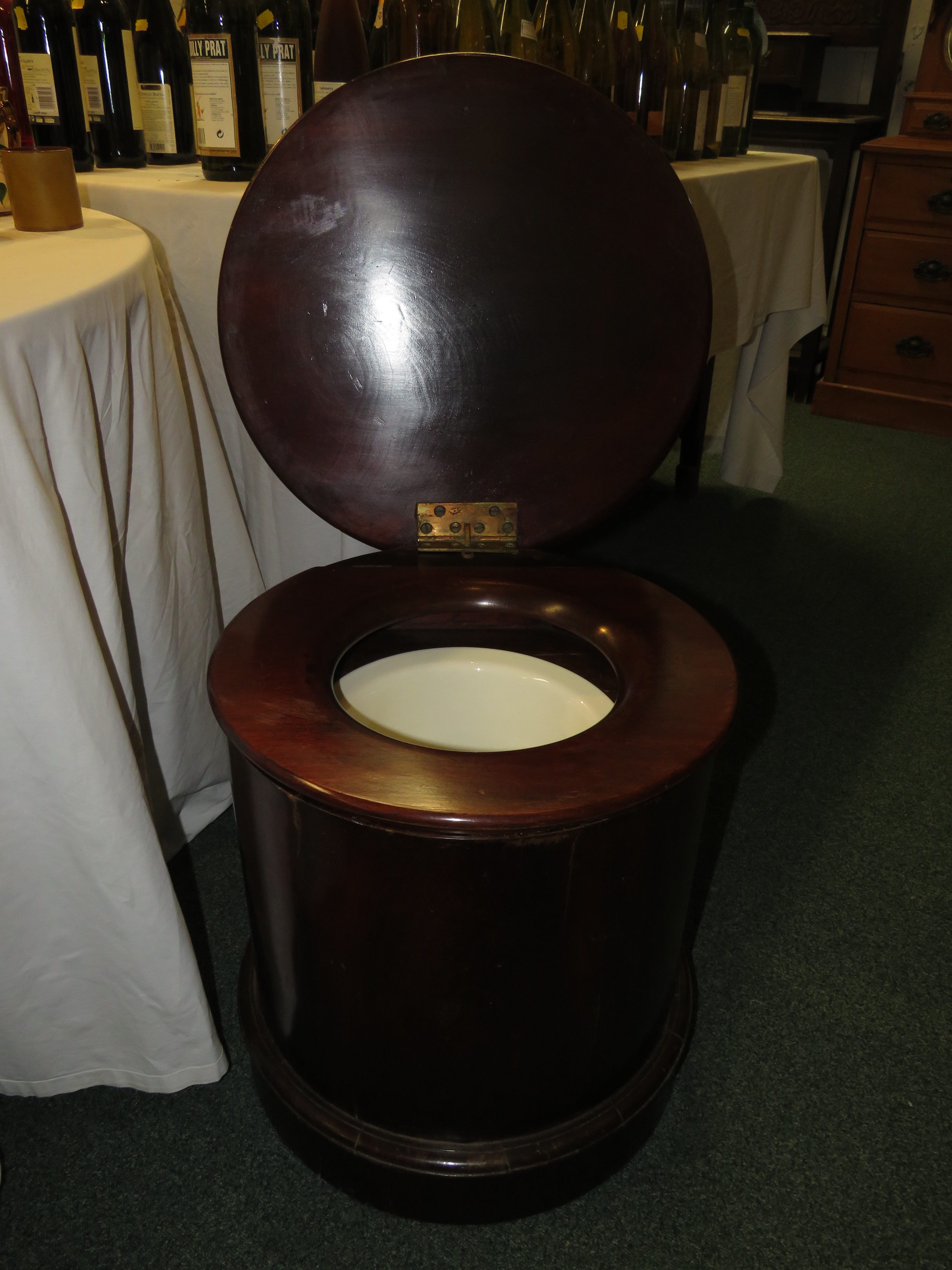 A Victorian mahogany drum-shaped commode stool with hinged lid seat and ceramic bowl, height 48cm, - Image 2 of 2