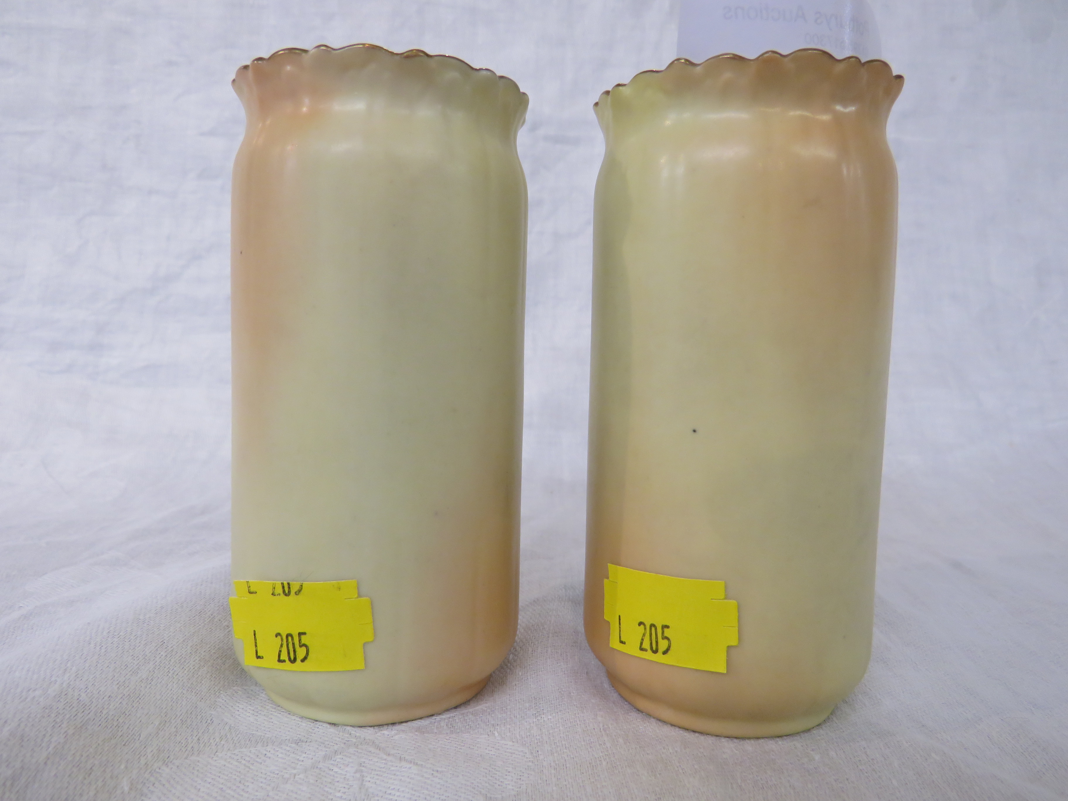 Pair of Locke & Co Worcester porcelain cylindrical spill vases, crepe rims with gilding, blush - Image 2 of 7