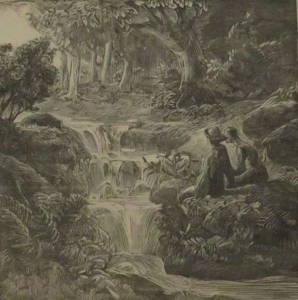 George Edward Marston (1882-1940) - two figures beside waterfall, woodcut, signed in pencil and