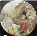 Silk thread and paper picture depicting figural scene with old man admonishing (perhaps from