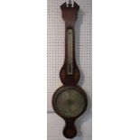 A banjo barometer with silvered dial signed B. Besorrio & Co Taunton Warranted, the thermometer