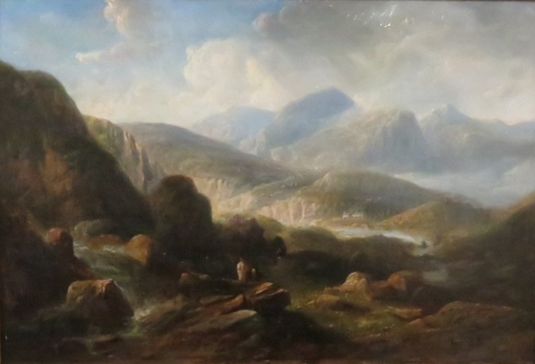 W. Carmichael (British School, 19th century) - figures in mountainous landscape, oil on canvas,