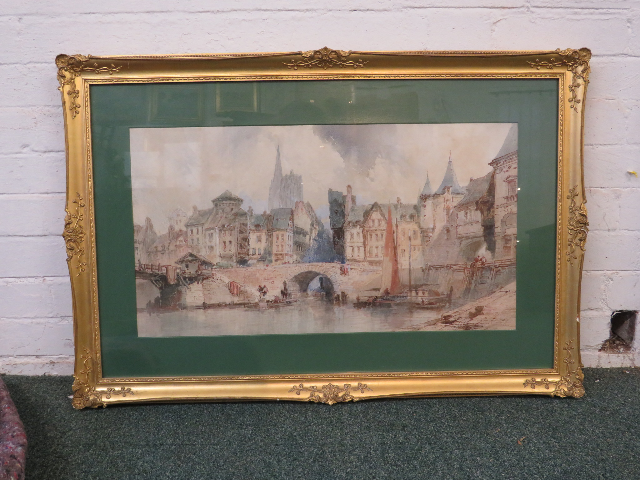 Attributed to Paul Marny - view of Mayenne harbour with church spire beyond, watercolour over pen - Image 2 of 5