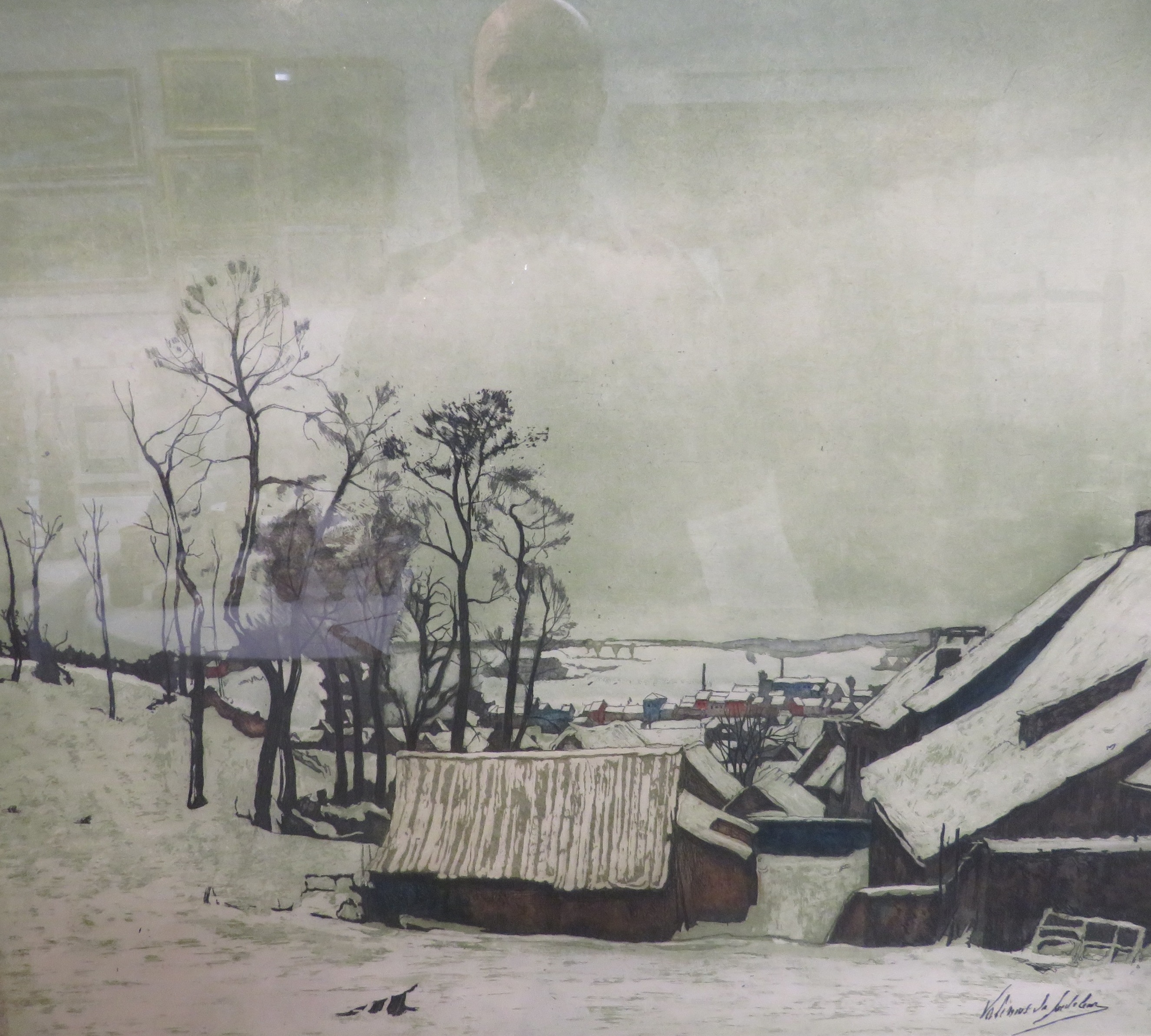 After Valerius De Saedeleer (1867-1942) - winter landscape and rooftops, coloured etching,