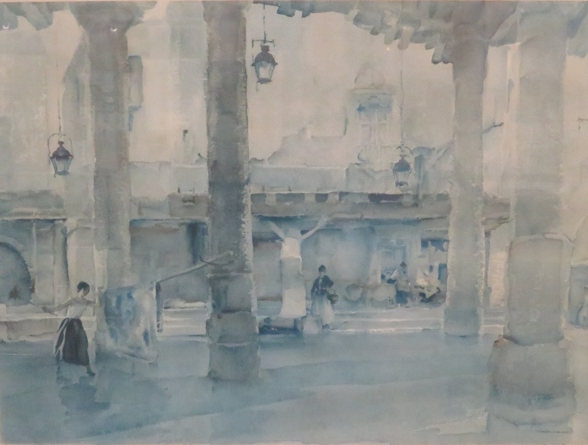 After William Russell Flint (1880-1969) - women cleaning in a courtyard, reproduction colour