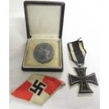 Iron Cross medal Second Class with ribbon, a Third Reich Wound badge and Third Reich fabric badge