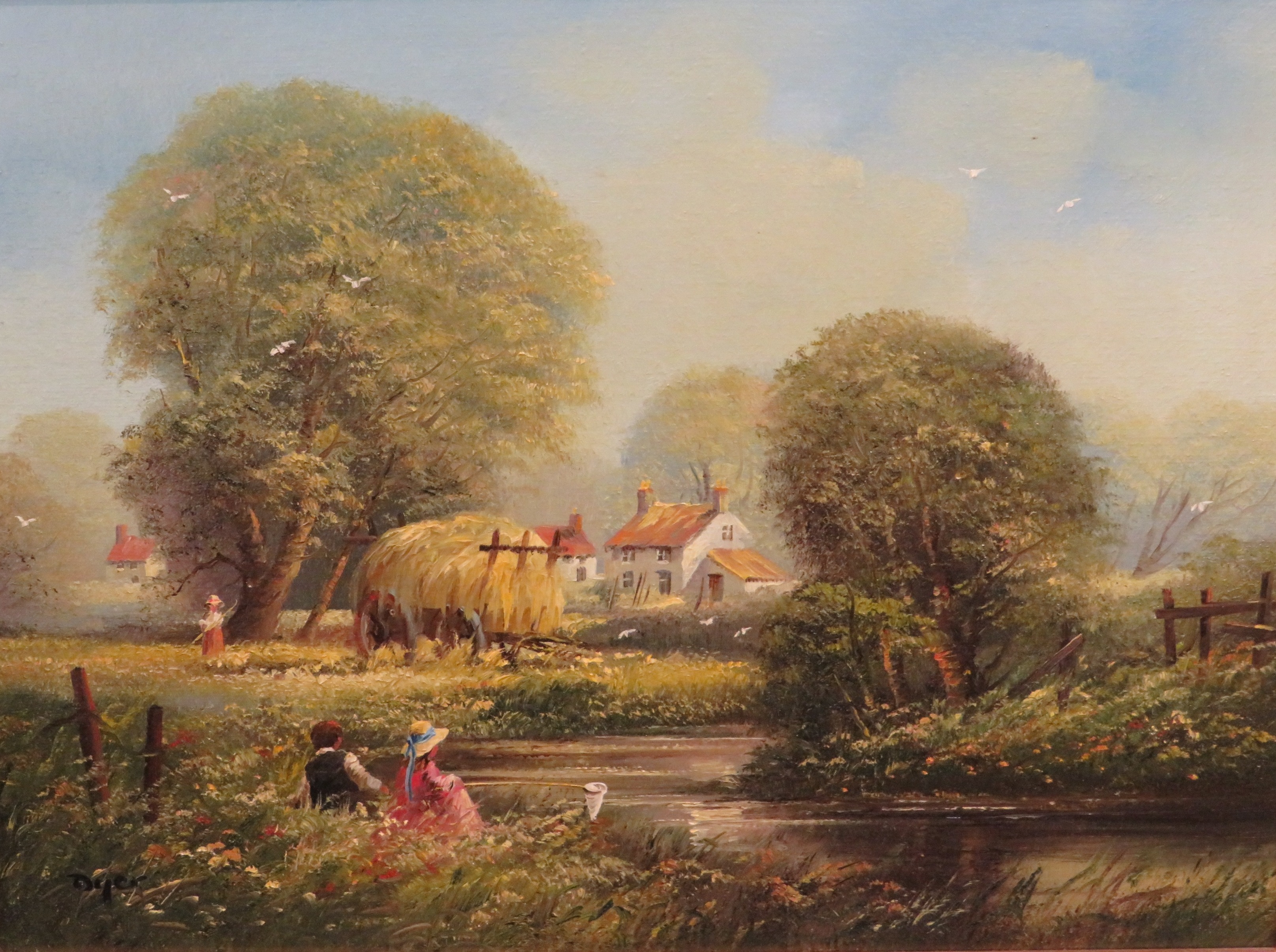 Children fishing near cottage and hay wain, oil on canvas, signed Dyer lower left, (29cm x 39.