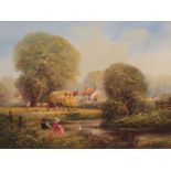 Children fishing near cottage and hay wain, oil on canvas, signed Dyer lower left, (29cm x 39.