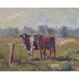 Two cows in landscape, oil on canvas, signed Orbech J (?) lower right, (23.5cm x 29cm), in a gilt