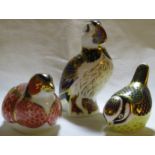 Three Royal Crown Derby paperweights with gold stoppers - Puffin (height 12cm), Pheasant (17cm)