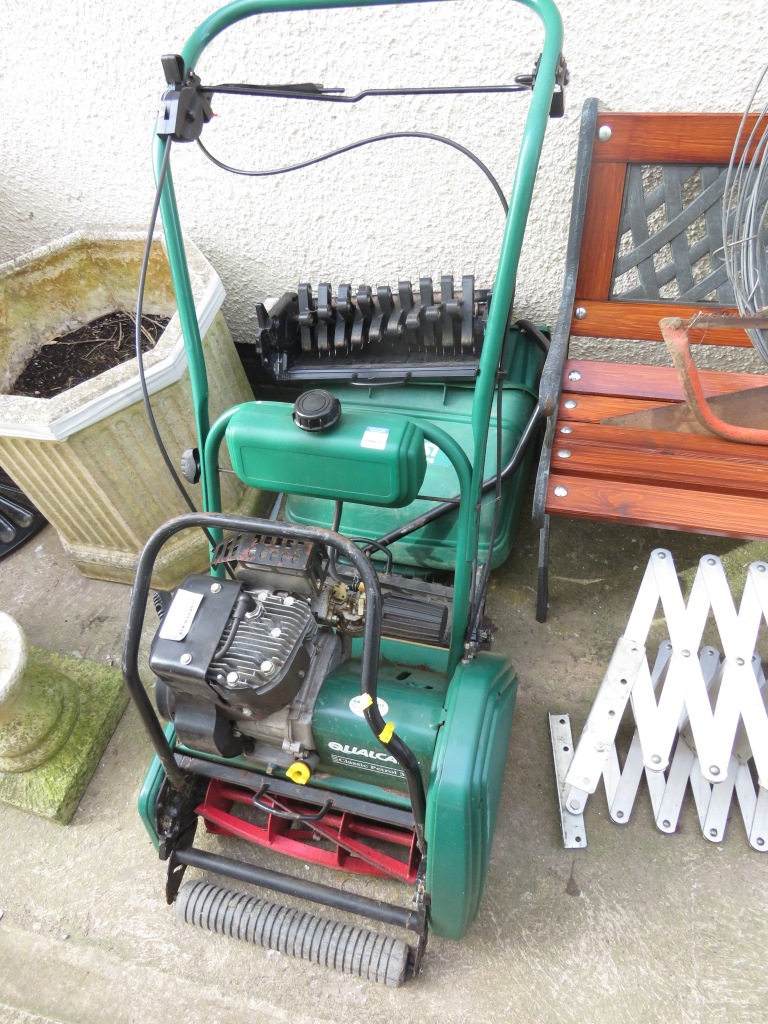 QUALCAST CLASSIC PETROL 35S LAWNMOWER WITH TWO GRASS BOXES AND TWO SCARIFIER ATTACHMENTS