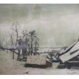 After Valerius De Saedeleer (1867-1942) - winter landscape and rooftops, coloured etching,