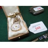 LADY'S FOB WATCH WITH GILT ENAMEL DIAL IN A YELLOW METAL CASE STAMPED 14 K, WITH A TASSELED YELLOW