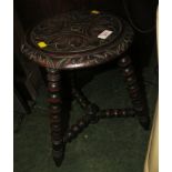 CARVED TOPPED TRIPOD STOOL WITH BOBBIN TURNED LEGS AND STRETCHERS