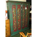 A PAINTED TWO DOOR LARGE PINE CUPBOARD WITH EIGHT SHELVES WITHIN