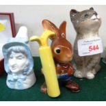 BESWICK FIGURE OF SEATED GREY KITTEN, ROYAL WORCESTER MRS CAUDLE CANDLE EXTINGUISHER AND A GOEBEL