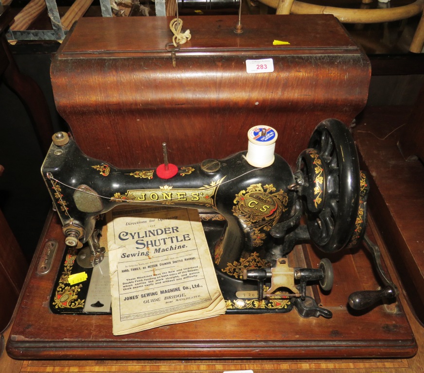 JONES MANUAL SEWING MACHINE IN WOODEN CARRY CASE