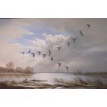 Flock of ducks over lake, acrylic on canvas, signed K W Hastings lower right, 20th century, in a