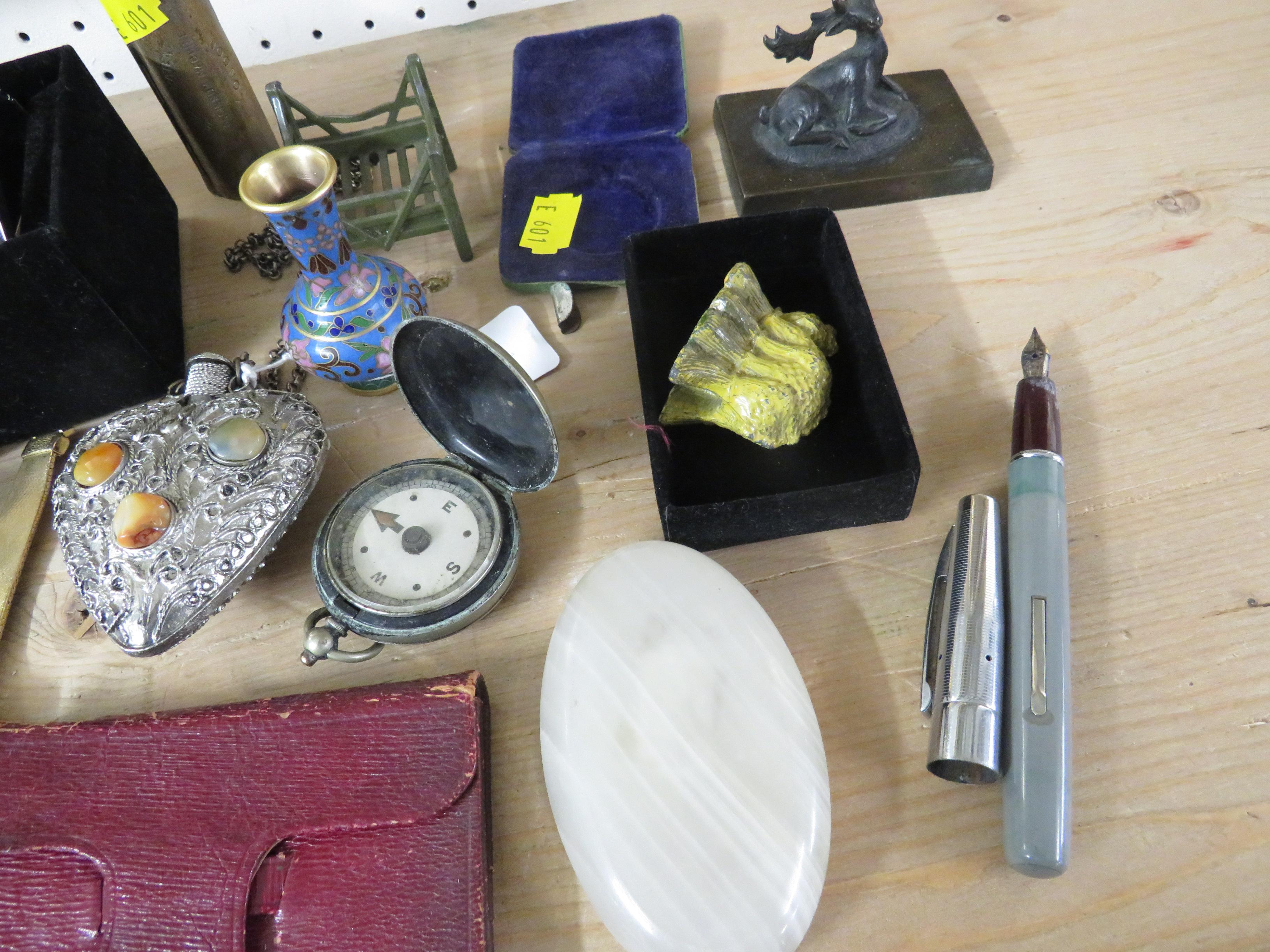 TWO WRISTWATCHES, COMPASS, STICK PIN AND OTHER SMALL ITEMS (CONTENTS OF A WOODEN TRAY) - Image 2 of 5