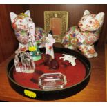TWO ORIENTAL CERAMIC FLORALLY DECORATED CATS, PICTURE FRAME, CIRCULAR WOODEN TRAY, GLASSWARE AND