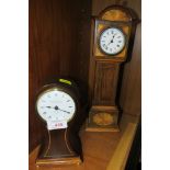 A MINIATURE INLAID LONG CASE CLOCK WITH MECHANICAL MOVEMENT (HEIGHT 36CM), AND A KNIGHT AND