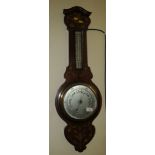 MAHOGANY BANJO ANEROID BAROMETER WITH THERMOMETER WITH INLAID DECORATION