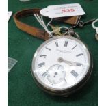 SILVER CASED OPEN FACE POCKET WATCH SIGNED KENDALL AND DENT WITH LEATHER STRAP AND WATCH KEY