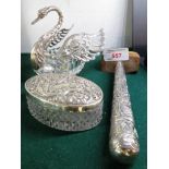 GLASS DISH WITH WHITE METAL MOUNTS MODELED AS A SWAN WITH HINGED WINGS AND STAMPED MARKS, A DRESSING