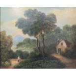 Landscape with cottage and two figures, 19th century oil on canvas, (48.5cm x 58cm), in a moulded
