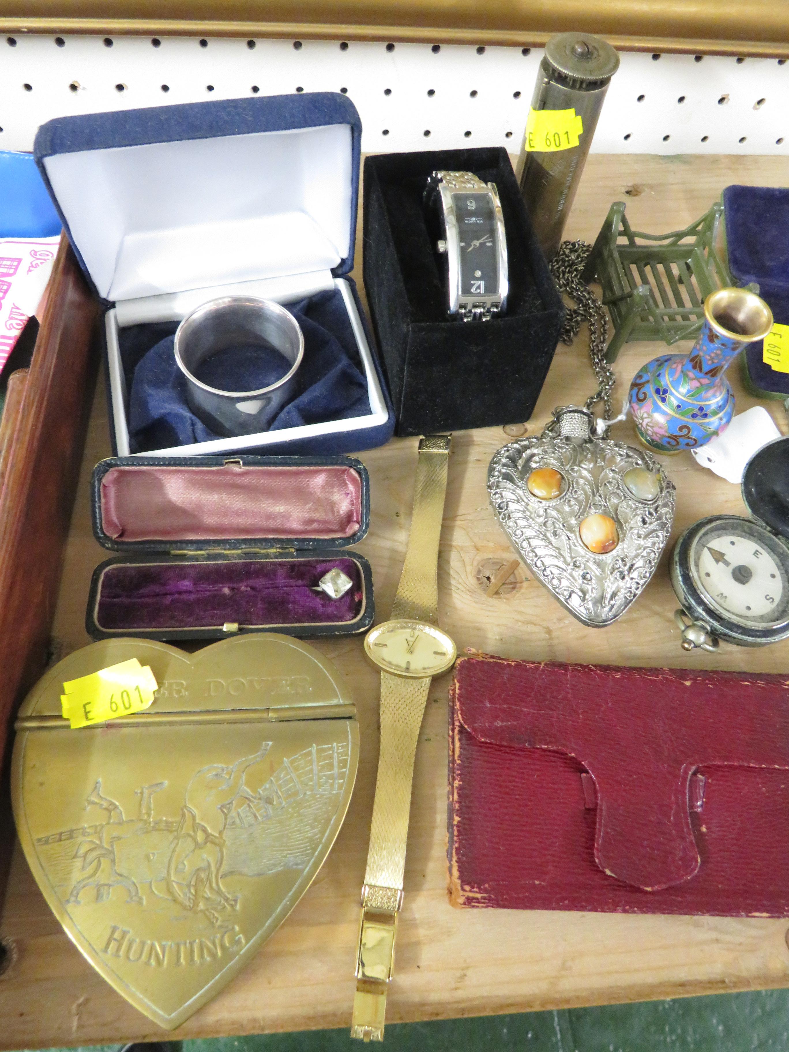 TWO WRISTWATCHES, COMPASS, STICK PIN AND OTHER SMALL ITEMS (CONTENTS OF A WOODEN TRAY) - Image 3 of 5