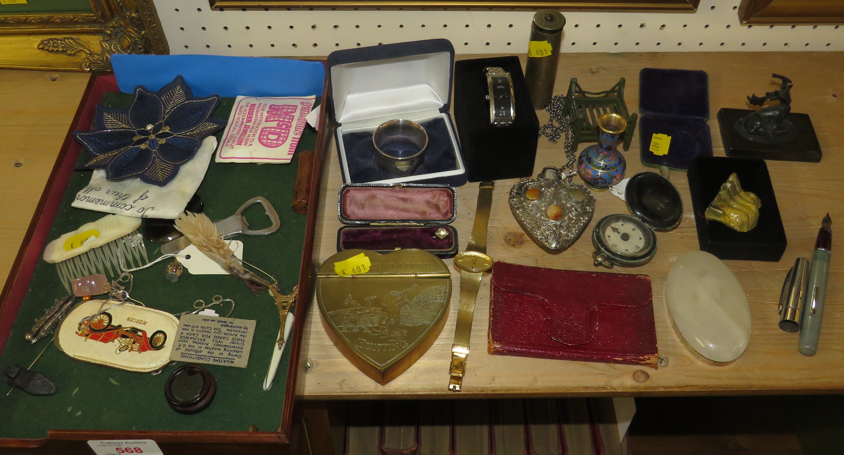 TWO WRISTWATCHES, COMPASS, STICK PIN AND OTHER SMALL ITEMS (CONTENTS OF A WOODEN TRAY)