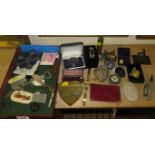 TWO WRISTWATCHES, COMPASS, STICK PIN AND OTHER SMALL ITEMS (CONTENTS OF A WOODEN TRAY)