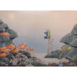 Tropical fish amongst coral, watercolour and fluorescent yellow, signed and dated R. Robinson 1993