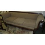 A Biedermeier style sofa, mahogany frame with scrolled arms, beige uncut moquette upholstery, length