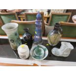 SEVEN PIECES OF JOHN BOURDEAUX STUDIO POTTERY WARE INCLUDING FLAGON, LIGHTHOUSE AND LIDDED JAR