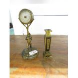 ANEROID BAROMETER SUPPORTED BY TOAD ON PLINTH, TOGETHER WITH BRASS DECORATIVE STAND