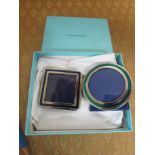 TWO WHITE METAL AND ENAMEL PHOTOGRAPH FRAMES IN TIFFANY & CO BOX