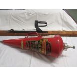 MINIMAX LTD VINTAGE CONE SHAPED FIRE EXTINGUISHER WITH METAL HANGING BRACKET AND WOODEN POST