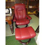 EKORNES STRESSLESS SWIVEL RECLINING ARMCHAIR AND FOOTSTOOL IN RED LEATHER UPHOLSTERY