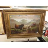 PAINTING OF HIGHLAND CATTLE IN GLAZED AND HEAVY GILT FRAME