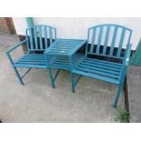 GREEN PAINTED METAL TWIN GARDEN SEAT WITH ADJOINING CENTRAL TABLE
