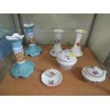 FLORALLY DECORATED PART DRESSING TABLE SET AND PAIR OF CANDLESTICKS DECORATED WITH SCENES OF