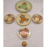 Clarice Cliff crocus pattern ware - Newport pottery plate and pepper pot, Royal Staffordshire tea