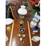 BRASS OIL LAMP WITH OPAQUE GLASS SHADE, EPNS METALWARE INCLUDING NAPKIN RINGS, EGG CUP AND SUGAR